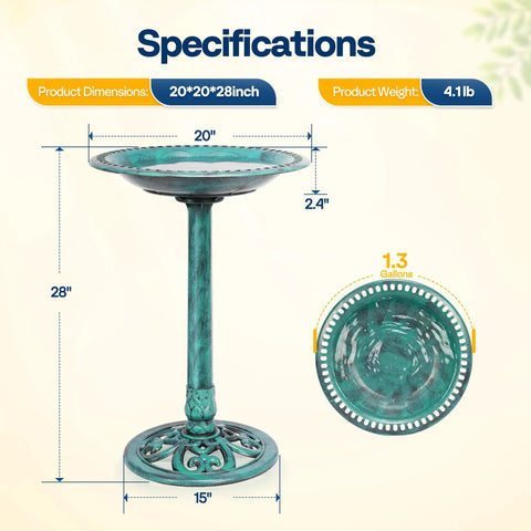 Weatherproof Polyresin Pedestal Bird Bath For Outdoors And Garden 28 Inch Tall With A 20 Inch Bowl Green Durable Stable
