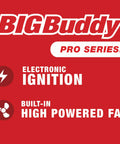 18000 BTU Big Buddy Pro Series Radiant Heater with electronic ignition and built-in high powered fan featured.
