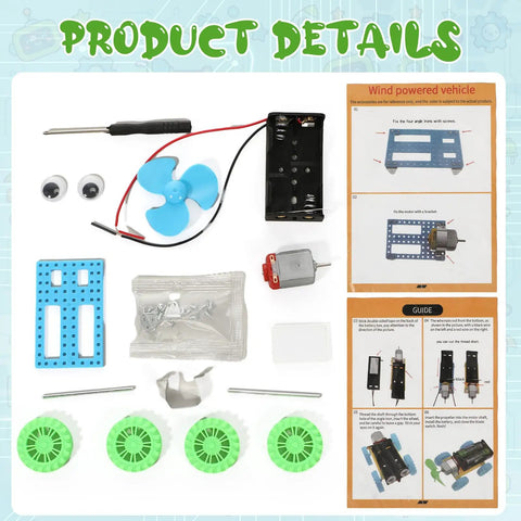 16 Pack Wind Powered Stem Craft Kits For Kids That Make Science Fun With Hands On DIY Vehicle Building Toys Bulk Robotics And Electronic Projects For Group Activities Educational Stem Learning Bundle parts laid out with motor, fan, wheels, and instructions