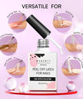 Liquid Latex Nail Barrier Peel Off For Clean Edges And Quick Dry Cuticle Guard with bottle and nail art application examples.