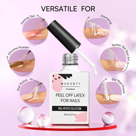 Liquid Latex Nail Barrier Peel Off For Clean Edges And Quick Dry Cuticle Guard with bottle and nail art application examples.