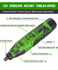 Straight Up Powerhouse 12V Cordless Rotary Tool With Keyless Chuck And Flex Shaft, 6 Speed Grinder Hits Up To 32000Rpm shows key features.