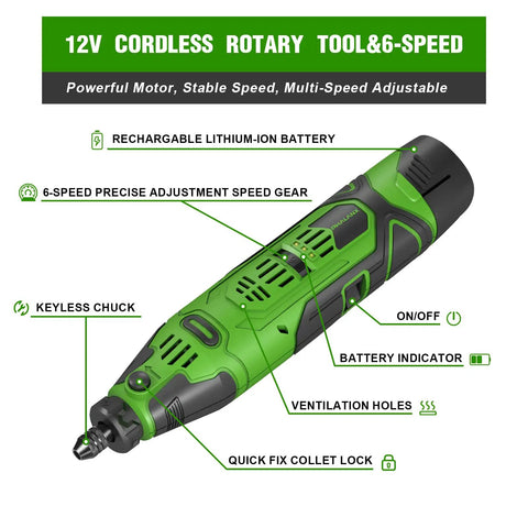 Straight Up Powerhouse 12V Cordless Rotary Tool With Keyless Chuck And Flex Shaft, 6 Speed Grinder Hits Up To 32000Rpm shows key features.