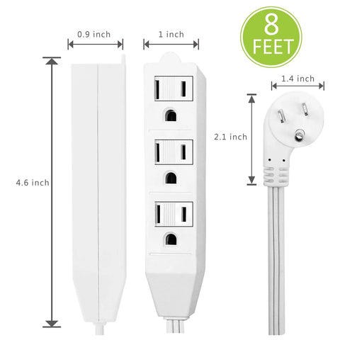 Flat Plug Extension Cord 8 Foot 2 Pack With 3 Prong Grounded Indoor Power Cable featuring slim profile and three outlets