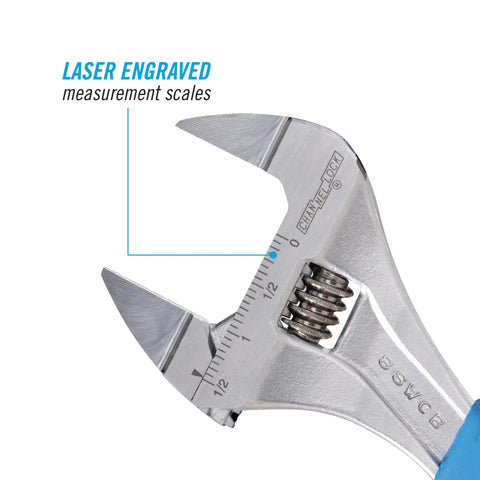 Slim Jaw Adjustable Wrench 8 Inch With Extra Wide Mouth And Precise Grip For Tight Spots Code Blue Finish laser engraved scale