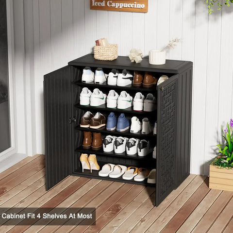 All Weather 62 Gallon Resin Deck Box For Outdoors, Waterproof Storage Cabinet with shoes on shelves, black, on patio.