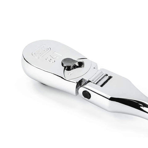Close-up of Quarter Inch Drive 84 Tooth Flex Head Teardrop Ratchet 7 Inch with chrome finish and enclosed head.