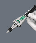 Close-up of Kraftform Kompakt Zyklop Pouch Set With 26 Piece Ratchet Kit showing detailed handle and bit attachment.