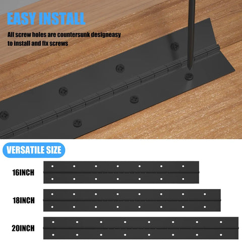 Get Your Gear On With These Badass 2 Pack 18 Inch Black Stainless Steel Piano Hinges installed on wood with countersunk holes.