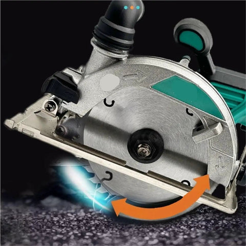 Powerful 5 Inch Cordless Circular Saw With Brushless Motor And Lightning Fast 6500 Rpm Spin For Flawless Woodwork, close-up of blade.