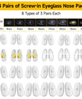 Top Tier Eyeglass Repair Kit Including 24 Pairs Of Replaceable Nose Pads, showcasing 8 types of screw-in pads in various sizes.
