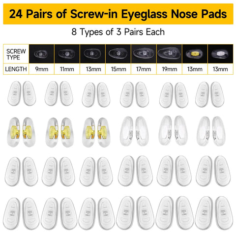Top Tier Eyeglass Repair Kit Including 24 Pairs Of Replaceable Nose Pads, showcasing 8 types of screw-in pads in various sizes.
