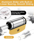 Close-up of aluminum slider with built-in linear bearing for smooth sliding, part of DIY Friendly Door Lock Hole Opener Kit For Wooden Doors Pro Grade Mortiser Jig With 3 Drill Bits Easy Install For New Holes Eccentric Holes Password And Fingerprint Locks Adjustable Slide Rails For Precise Mortising.