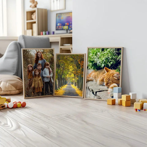 Totally Dope Customizable Wall Art Posters For Home Office Events And Businesses Create Your Own Text Images And Logos On Premium Quality Prints For Birthdays Weddings Parties And Promotions, showing three framed posters on a wooden floor in a cozy room.