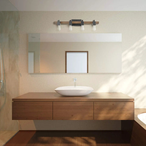 Phoenix 4-Light Vanity Light With Matte Black Finish And Dark Faux Wood Accents above bathroom sink and mirror