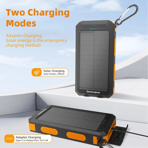 Solar Power Bank 20,000mAh Portable Charger On The Go With USB C Four Cables And Three Ports Fast Charging External Battery Pack Solar Panel Charger With Dual Flashlight For Camping And Outdoor Adventures showing two charging modes.