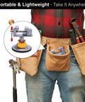 Compact Tabletop Vise Clamp for Jewelry Making, Soldering, Watch Repair And Crafts with 360 Degree Swivel Base shown in tool belt