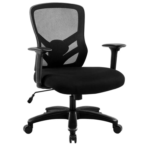 Black big and tall office chair up to 500 lbs with adjustable lumbar support, ergonomic mesh back, and 4D armrests, front view.