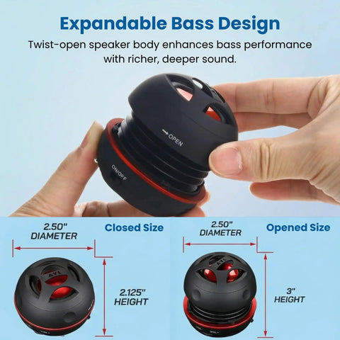 Expandable bass design for Ultra Portable Tiny But Mighty Mini Bluetooth Speaker With 3.5mm Aux Input Built In Mic And Plug And Play