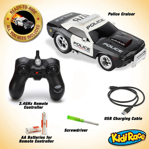 Rechargeable Police RC Car For Kids With Lights And Siren, 2.4GHz Remote Control Toy, includes remote, batteries, screwdriver, USB cable