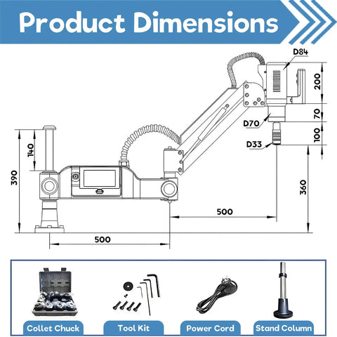 Heavy Duty Workhorse Electric Touch Tapping Machine With Universal 360 Degree Servo Motor Arm And No Sweat Plug And Play Automatic Or Manual Threading 8 Piece Collet Kit For Industrial Shop Use with detailed dimensions.