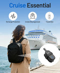 Woman with backpack near cruise ship showing Ultra Portable Travel Power Strip With USB Ports And 4ft Extension Cord, Black.