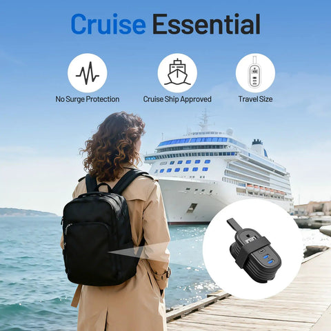 Woman with backpack near cruise ship showing Ultra Portable Travel Power Strip With USB Ports And 4ft Extension Cord, Black.