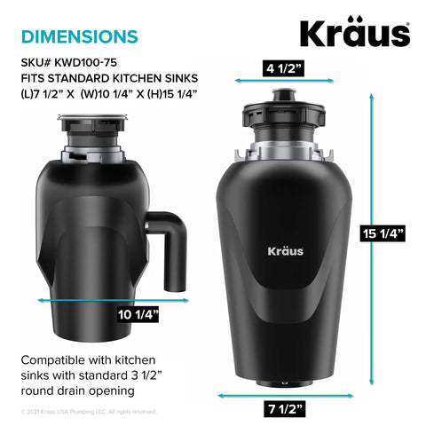 WasteGuard Beefy 3/4 HP Ultra Quiet Garbage Disposal dimensions and compatibility guide, standard kitchen sink size requirements.
