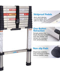 10.5 Foot Telescoping Ladder With Stainless Steel Build, One Button Retraction, Anti Pinch Extension, Easy Locking Mechanism, Compact Foldable Design For DIYers And Home Or Outdoor Tasks, 330 Pound Capacity shown with skidproof pedals and features