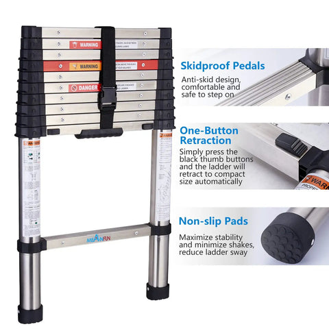 10.5 Foot Telescoping Ladder With Stainless Steel Build, One Button Retraction, Anti Pinch Extension, Easy Locking Mechanism, Compact Foldable Design For DIYers And Home Or Outdoor Tasks, 330 Pound Capacity shown with skidproof pedals and features