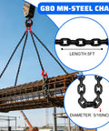 Heavy Duty 6 Ton Chain Sling 5 16 Inch By 5 Feet G80 Alloy Steel Four Way Quadruple Leg Lifting Slings With Four Safety Grab Hooks For Rigging Hoists And Engine Lifts, 5ft, 5/16in