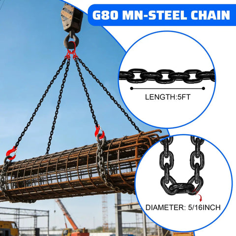 Heavy Duty 6 Ton Chain Sling 5 16 Inch By 5 Feet G80 Alloy Steel Four Way Quadruple Leg Lifting Slings With Four Safety Grab Hooks For Rigging Hoists And Engine Lifts, 5ft, 5/16in