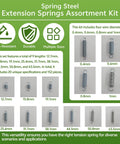 Front view of Saelno zinc-plated spring steel extension springs kit with 9 lengths (12.7–63.5 mm) and 0.4–1.0 mm diameters.