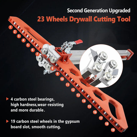 Pro Level Drywall Cutting Tool with 23 wheels, red design, carbon steel bearings for smooth cutting of plasterboard.