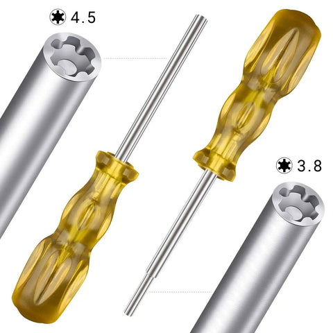 Hardened Steel Screwdriver Set With Quick Release Bit Holder, 3.8mm And 4.5mm Bits, for opening retro Nintendo cartridges, close-up view.