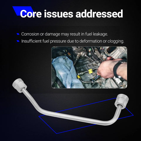 Intermediate Fuel Feed Pipe High Pressure Fuel Line From Pump To Rail For 2014 To 2021 Silverado 1500 Suburban Tahoe Express Camaro GMC Sierra Yukon Savana Heavy Duty Replacement Part Plug And Play shown with repair scenario background