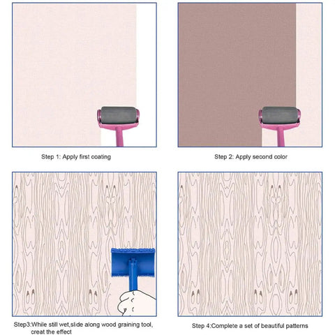 Professional Rubber Wood Graining Roller For Achieving A True Knockout Wood Grain Look On Drywalls And Hard Surfaces With A Comfy Non Slip Handle For No Sweat Diy Renovation And Instant Style Upgrade, demonstrating usage steps.