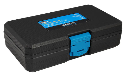 Black carrying case for Deadeye Carbide Tipped Hole Cutter Kit 4 Piece Set With Replacement Pilot, Six Flat Shank, One Piece Design Reduces Vibration.