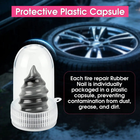 Protective plastic capsule with rubber nail from 40 Piece Tire Repair Kit With Two Sizes Of Screw In Rubber Nails And 0.27 Inch Screwdriver