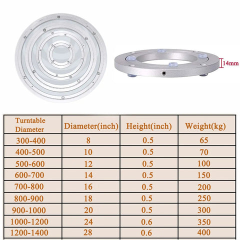 Beefy Heavy Duty Lazy Susan Table Bearing Base, premium aluminum, size chart, 8-28 inch, corrosion resistant, silent smooth rotation