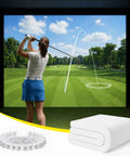 Golfer using 3D Air Mesh Golf Impact Screen For Home Practice And Indoor Outdoor Swing Training, Thick HD Projector Screen With Webbing Buckles And Bungee Cords, 8.2 X 8.2 Ft For Realistic Golf Simulator Sessions