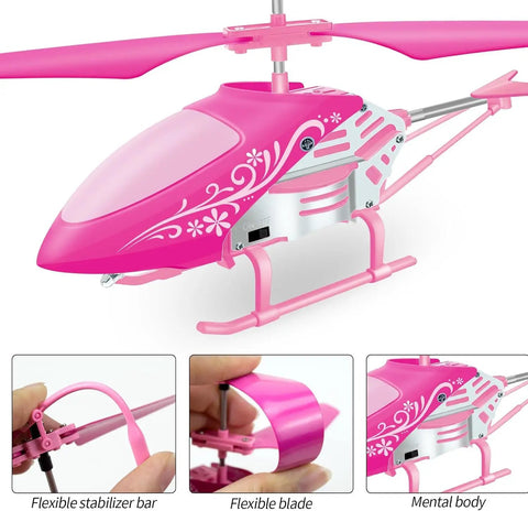Close-up of Pink RC Helicopter For Kids And Beginners 2.4GHz 3.5 Channel Indoor Flight Toy with LED lights, showing parts detail.