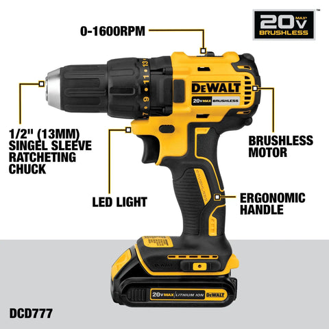 Illustration of 20V Max Cordless Drill highlighting brushless motors, ergonomic grip, LED light, and ratcheting chuck features.