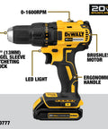 No Sweat Nine Piece Brushless Cordless Power Tool Kit With 20 Volt Batteries features a Dewalt 20V drill with ergonomic handle and LED light.