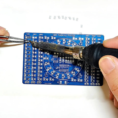 DIY SMD SMT Welding Practice Soldering Skill Training Board With Water Lamp Circuit Demonstration And Backside Ruler in use