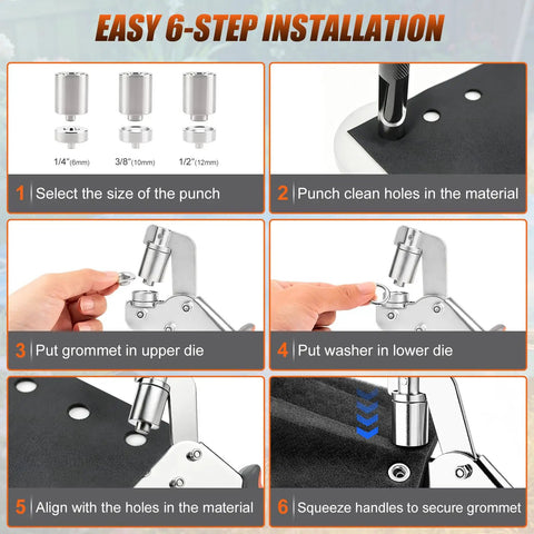 Pro Grade Complete Three Size Grommet Tool Kit With Dies For One Quarter, Three Eighths, And One Half Inch Grommets, 6-step guide
