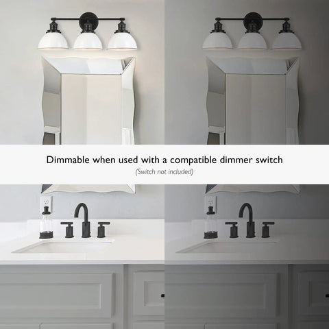 Savannah Rustic Farmhouse Three Light Vanity Light Dimmable Matte Black Finish With White Metal Shades mounted above a mirror