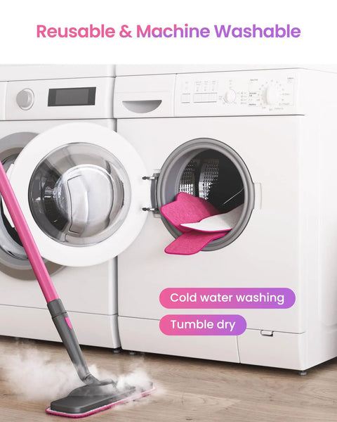 Laundry room with open washing machine door displaying Six Pack Microfiber Replacement Mop Pads For Steam Cleaners, Washable And Reusable.