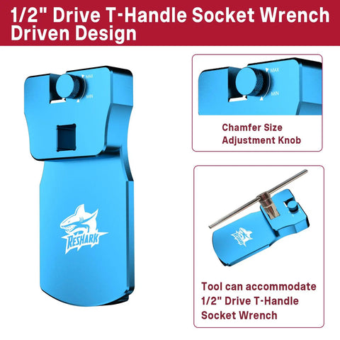1/2" Drive T-Handle Socket Wrench with chamfer size adjustment knob, blue aluminum design for precise fittings.