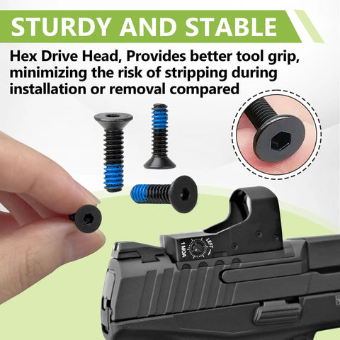 Top Shelf 12 Pcs Red Dot Screws Set Mounting Holosun 407C 507C 508T On Glock MOS And CZ P10 C showing hex drive head screws.